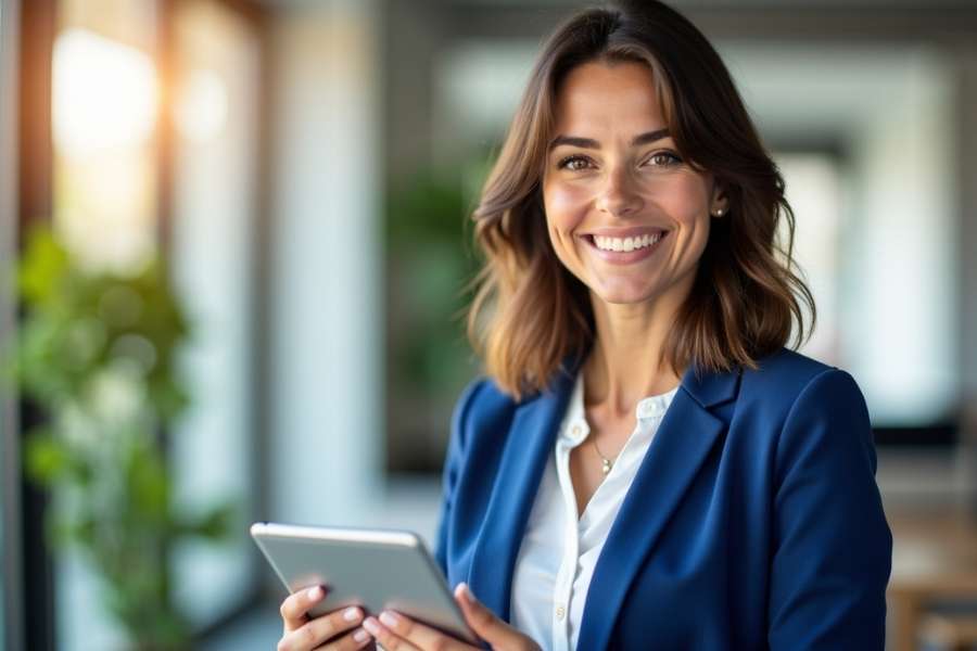 Une secrétaire souriante en veste bleue tient une tablette numérique dans un bureau lumineux, illustrant les grilles de tarif secrétariat téléphonique.